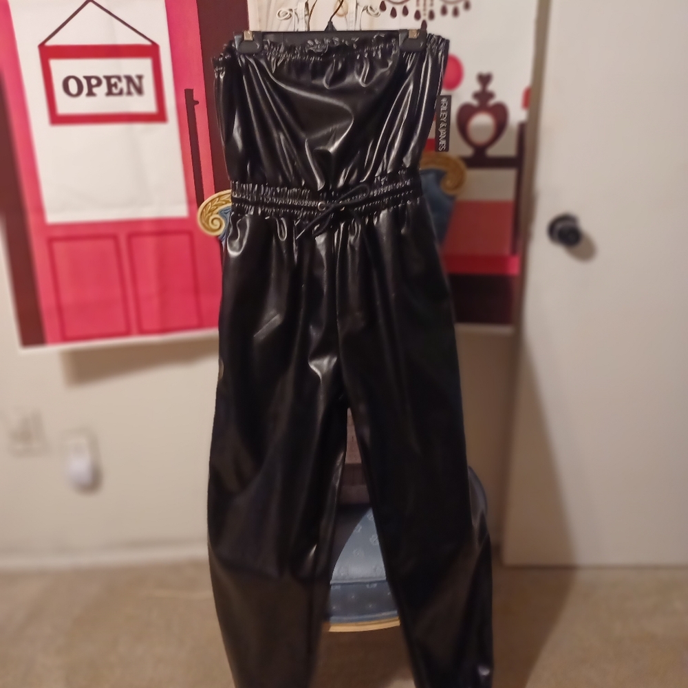 BLACK PU Leather Strapless Jumpsuit